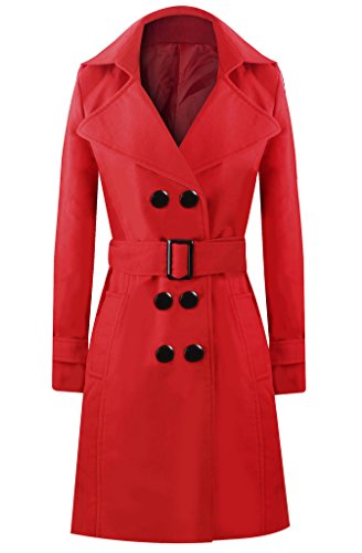 Abary Women Red Winter Buttons Waist Band Long Woolen Coat