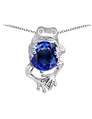 Original Star K (tm) Good Luck Frog Holding Round 10mm Simulated Sapphire Pendant in 925 Sterling Silver