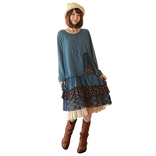 森ガールワンピース綿レディース　レース花柄ワンピース　復古花柄ひざたけワンピース秋冬