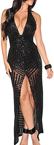 Stylebek Women's Deep V Neck Sequin Sexy Evening Party Full Length Dress