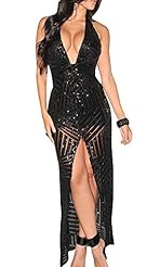 V-neck Floor Length Full Length Sequined Slit Backless Polyester/Spandex Jumpsuit 