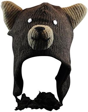 DARK BROWN BEAR Mohawk Sport 100% Wool Animal Hat Fleece Lined Beanie Ski Cap