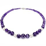 16-4mm Purple Amethyst February Birthstones and 8-9mm White Cultured Freshwater Pearl Graduated 18 Necklace with 3mm Sterling Silver Beads and Filigree Clasp