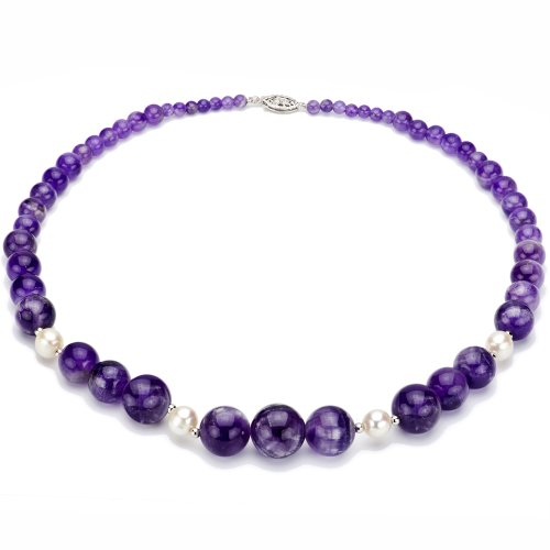 4-16mm Graduated Purple Amethyst Gemstones and 8-9mm White Cultured Freshwater Pearl Necklace 18" Length with 3mm Sterling Silver Beads and Filigree Clasp.