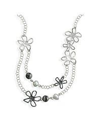 Sterling Silver 18 Inch Multistrand Flower and Cultured Freshwater Pearl Necklace