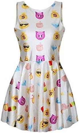 Women's Emoji Smile Print Tank Pleated Knee-length Dress White III