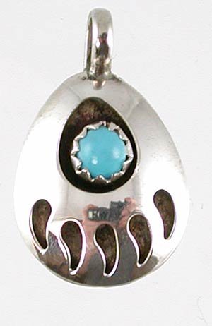 Small Southwestern Native American Bear Paw Pendant in Turquoise and Sterling Silver, #2379