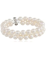 Sterling Silver 2-Row White A Grade 8.5-9mm Freshwater Cultured Pearl Bracelet, 8"