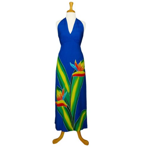Women's Long Dress with Hand Painted Bird of Paradise Design by 1 World Sarongs in Royal Blue