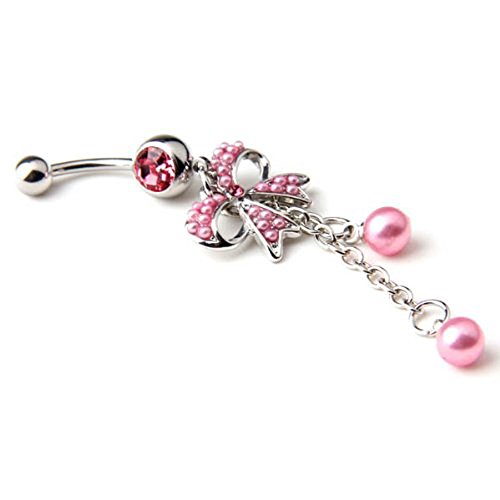 New Fashion 14g Pink Pearl Butterfly with 2-tassel Bowknot Navel Ring Belly Button Bar barbell