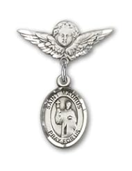 Sterling Silver Baby Badge with St. Maurus Charm and Angel with Wings Badge Pin