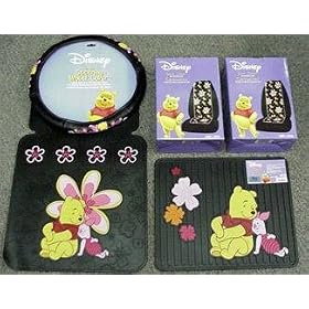 Winnie the Pooh & Piglet Paradise 7pc Combo Set Front & Rear Floor Mats, Seat Covers & Steering Wheel Cover Plus Bonus License Plate Frame