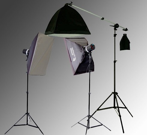 CowboyStudio Photo Studio 480 Watt Three Monolight Strobe Flash Lighting and Boom Kit - 3 Studio Flash/Strobes, 3 Softboxes, 1 Boom Kit w/Sandbag