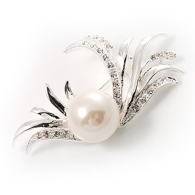 Rhodium Plated Delicate Faux Pearl Fashion Brooch