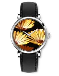 SPRAWL Aanalog Fashion Series Silver Ladies Watches of Genuine Black Leather Strap,Unique Wrist Watch for Women Girls Designed with Golden daisy