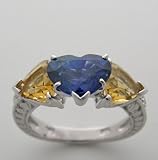 14k White Gold Heart Shape Blue Natural Sapphire And Heart Shape Citrine Diamond Ring