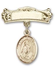14K Gold Baby Badge with St. Patrick Charm and Arched Polished Badge Pin