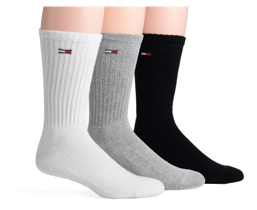 Tommy Hilfiger Men's Multi Athletic Crew Socks, White/Grey/Black, 3-Pack
