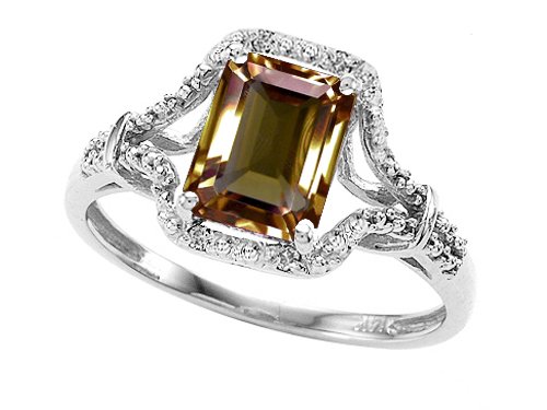 1.52 cttw 14k Gold Genuine Emerald Cut Smoky Quartz and Diamond Ring - 14kt White or Yellow Gold