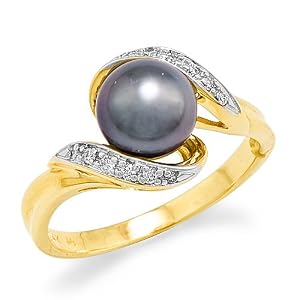 Tahitian Black Pearl Ring with Diamonds in 14K Yellow Gold by