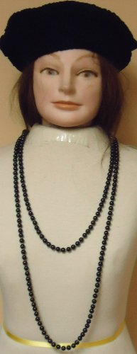Sj.069, Set of Two One Strand Long Chain Other Medium Chain Simulated Onyx Pearl Necklace for Women and Teens Offered with Hand Crocheted Dark Nany Color Rayon Chenille Beret