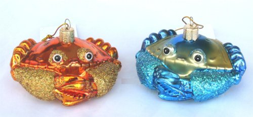 2 Blown Glass Crab Christmas Ornaments, Red and Blue