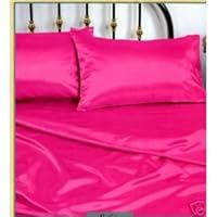 Hot Pink Full Size Silky Satin Pillowcase, Fitted and Flat Sheet Set