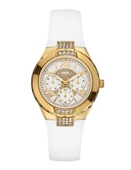 GUESS Womens U0327L1 White Silicone Multi-Function Watch with Gold-Tone Case and Genuine Crystal Accents
