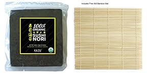 Kazu ® 100% Organic Premium Sushi Nori Seaweed, 50 sheets (4.9 oz) with FREE 9x9 bamboo mat