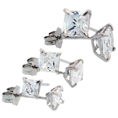 14k White Gold 3mm 4mm 5mm Princess Cut CZ Stud Earrings 3-Pair Set 14k White Gold 3mm 4mm 5mm Princess Cut CZ Stud Earrings 3-Pair Set