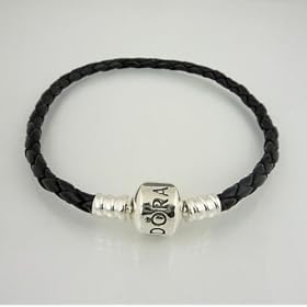 CAITS- PANDORA � , BLACK LEATHER PANDORA STYLE CHARM BRACELET 20CM