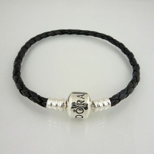 CAITS- PANDORA © , BLACK LEATHER PANDORA STYLE CHARM BRACELET 20CM
