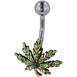 Green Crystal Marijuana Leaf Dangle Belly Ring