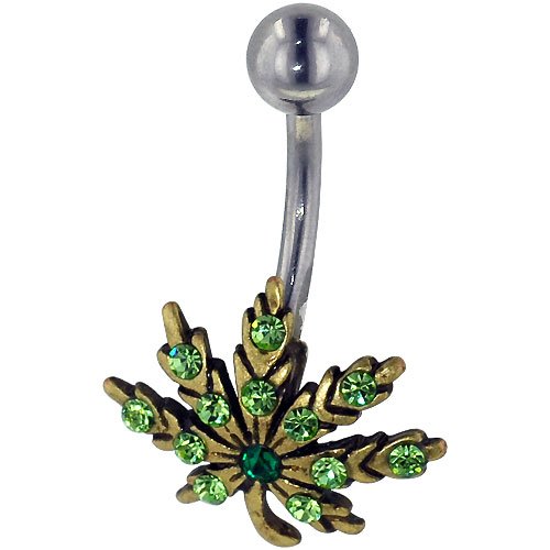 Green Crystal Marijuana Leaf Dangle Belly Ring