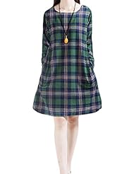 Plaid Print Cotton/Linen Long Sleeves Midi Dress 