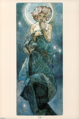 Professionally Framed Moon by Alphonse Mucha Art Print Poster - 24x36 with RichAndFramous Black Wood Frame