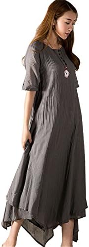 Artcar Irregular Korean Solid Cotton Maxi Short Sleeve Long Dress Grey