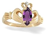 14K Yellow Gold Genuine Marquise Amethyst and Diamond Celtic Claddagh Ring