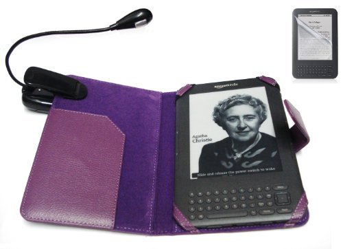 SUNNY SAVERS AMAZON KINDLE 3 3G 3RD GENERATION WIFI PURPLE EXECUTIVE LEATHER CASE COVER WALLET (FOR LATEST KINDLE) WITH SUPER LED READING LIGHT LIGHTENED LAMP AND KINDLE3 SCREEN PROTECTOR