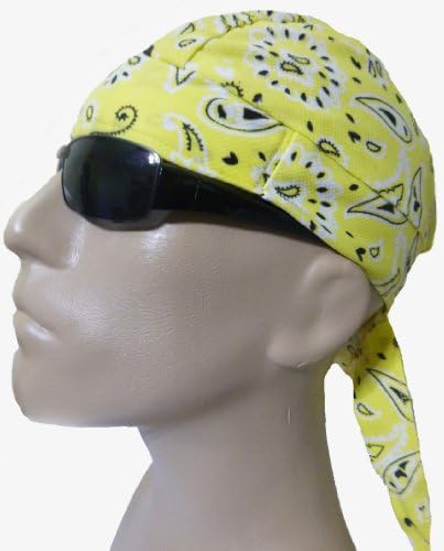 Skull Cap YELLOW Paisley Cotton Bikers Cap, Head Wrap, Headwrap, DuRag, Doo Rag, Wrap Bandana, Bandanna Easy to Use Under Baseball Caps, Motorcycle or Football Helmets, Running, Jogging, Exercising, Gardening, Cleaning to Keep Hair Out of the Face and Absorb Sweat or For Natural Balding or Use During Chemotherapy Cancer Treatments