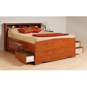 Tall Queen Size Platform Bed with Headboard in Cherry - Monterey Collection - Prepac...