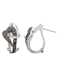 14K White Gold 0.94ct Elongated Heart Round Black & Diamond Huggie Earrings