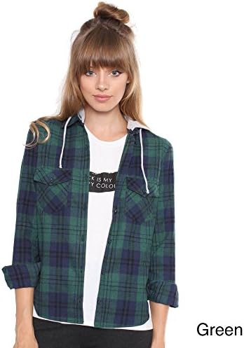 Junior's Green Plaid Flannel Top With Adjustable Hoodie L22037TH,GREEN,L