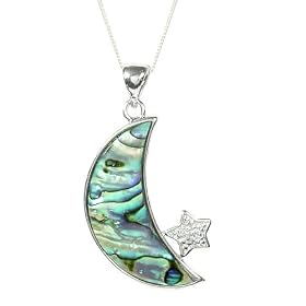 Large Blue-Green Abalone Shell Moon Pendant with Star - 18 Inch Sterling Silver Chain - Gift Boxed (P2)