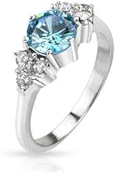Stainless Steel Large Sea Blue CZ with Multi CZ on Side Prong Set Band Ring