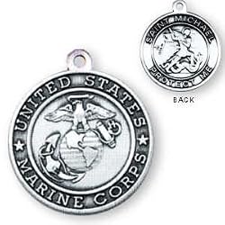 Sterling Silver St Michael United States Marine Medal and 24-inch Chain
