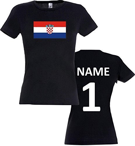 Lady T-Shirt Kroatien Croatia Ländershirt mit Wunschnamen und Nummer, Farbe schwarz, Größe XL