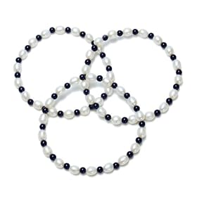 Freshwater Cultured Pearl and Black Onyx Stretch Bracelets, Set of 3, 7.5
