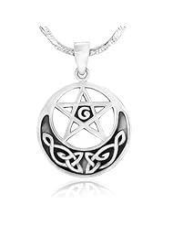 925 Sterling Silver Star and Celtic Crescent Moon Round Pendant with Rhodium Plated Chain Necklace w/ Lobster clasp 18"