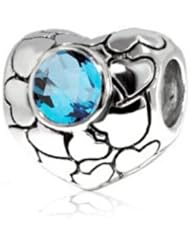 Sterling Silver Heart Pandora Charm with Natural Swiss Blue Topaz Gemstones (December Birthstone), Fits Pandora and All Brands Charm Bracelets and Necklaces.